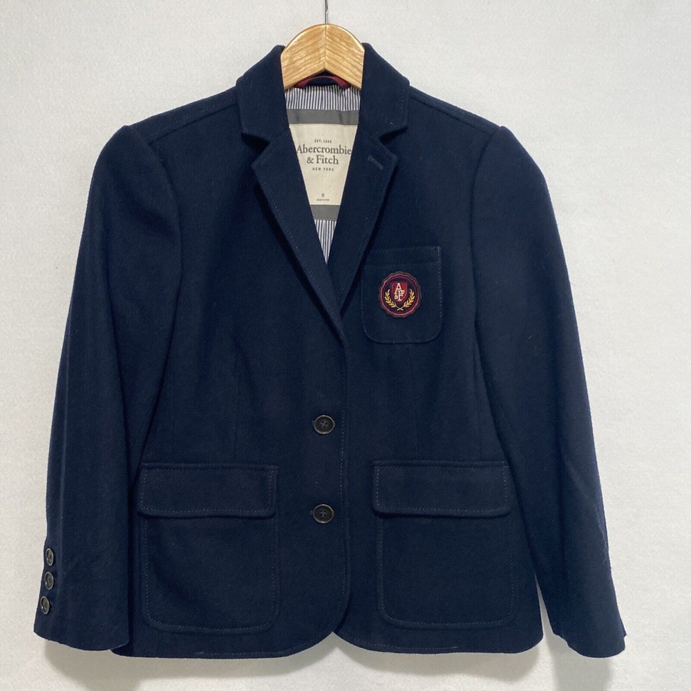 Abercrombie & Fitch Navy Wool Blend Prep Lined Emblem Blazer Sz M